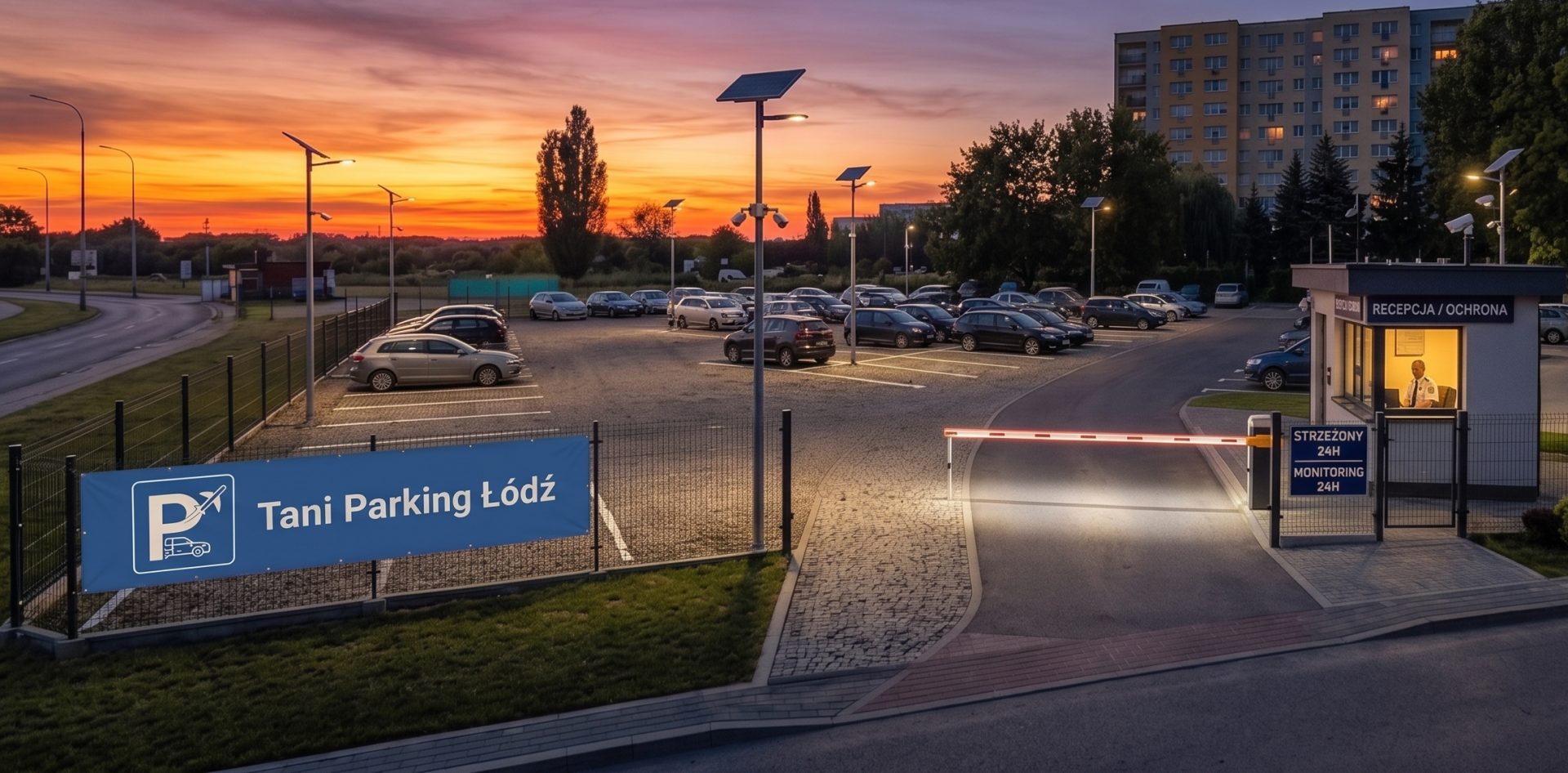 Wjazd na Tani Parking Łódź o zmierzchu - szlaban, całodobowa recepcja z ochroną i oświetlony plac z zaparkowanymi samochodami